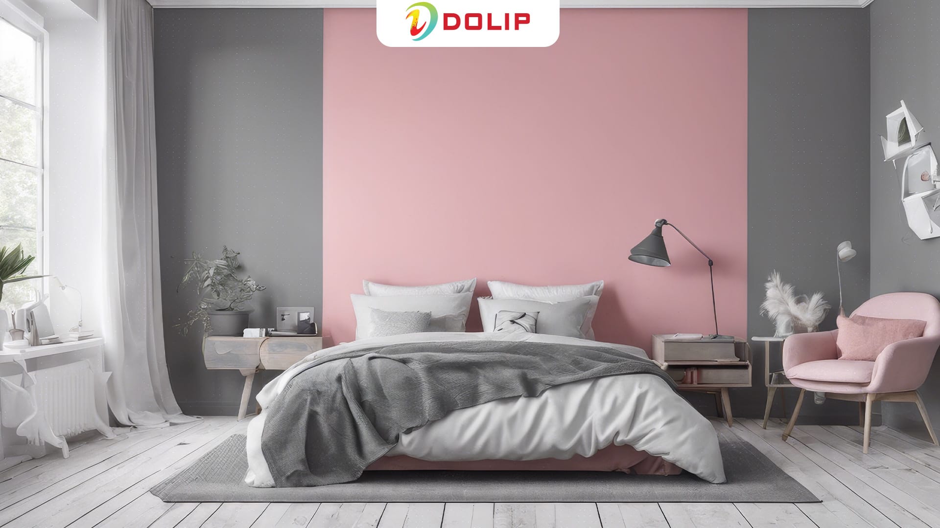 Các chi tiết trang trí màu trung tính giúp căn phòng màu hồng thêm cân đối.