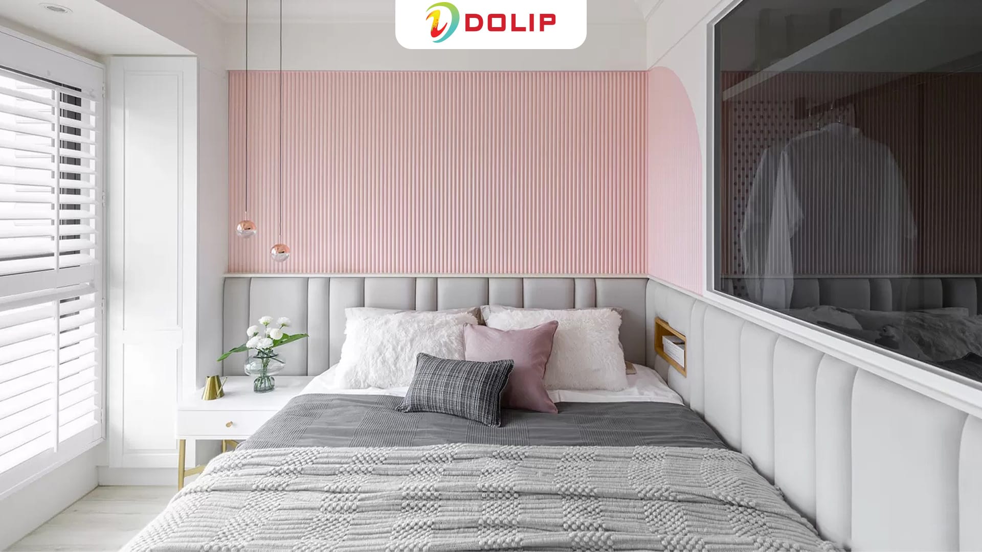 Sơn phòng ngủ màu hồng pastel kết hợp với màu ghi sáng - DL133 - 2 + DL137 - 3