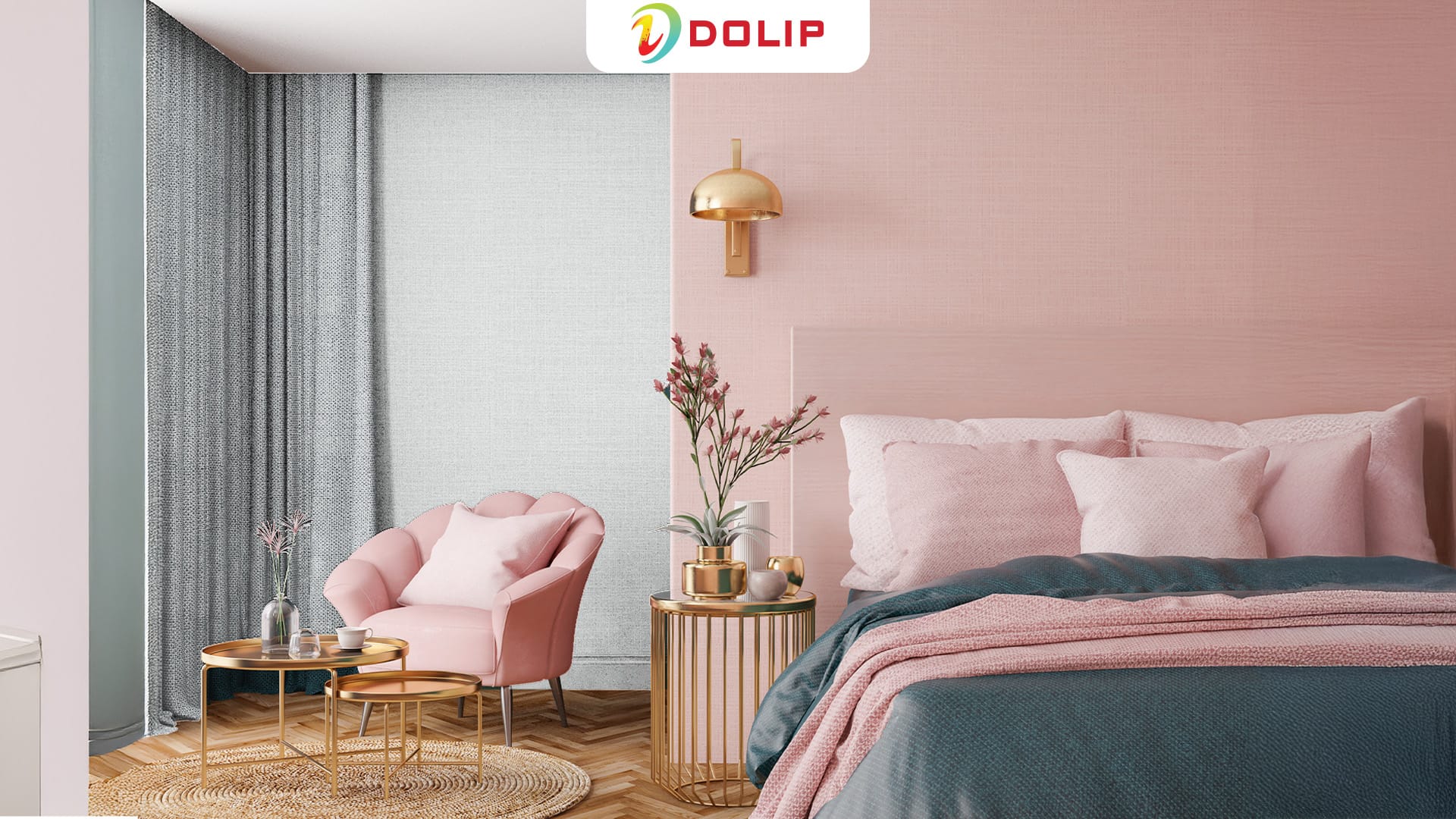 Sơn phòng ngủ màu hồng pastel kết hợp với màu ghi tối - AP95 - 1 + DL54 - 4