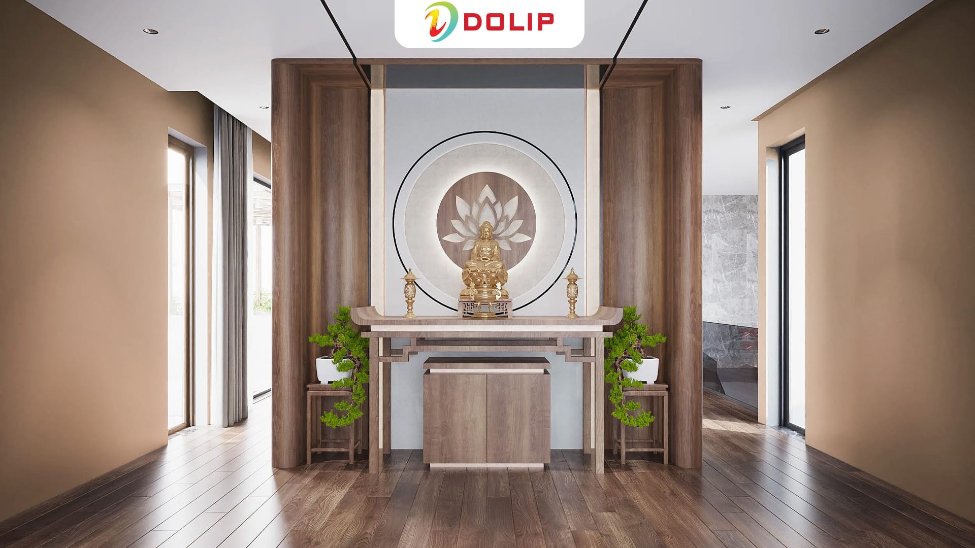 Top 30 màu sơn phòng thờ phong thủy đẹp trang nghiêm 7 Màu nâu đất tạo điểm nhấn cho phòng thờ hợp mệnh Kim - AP32-4