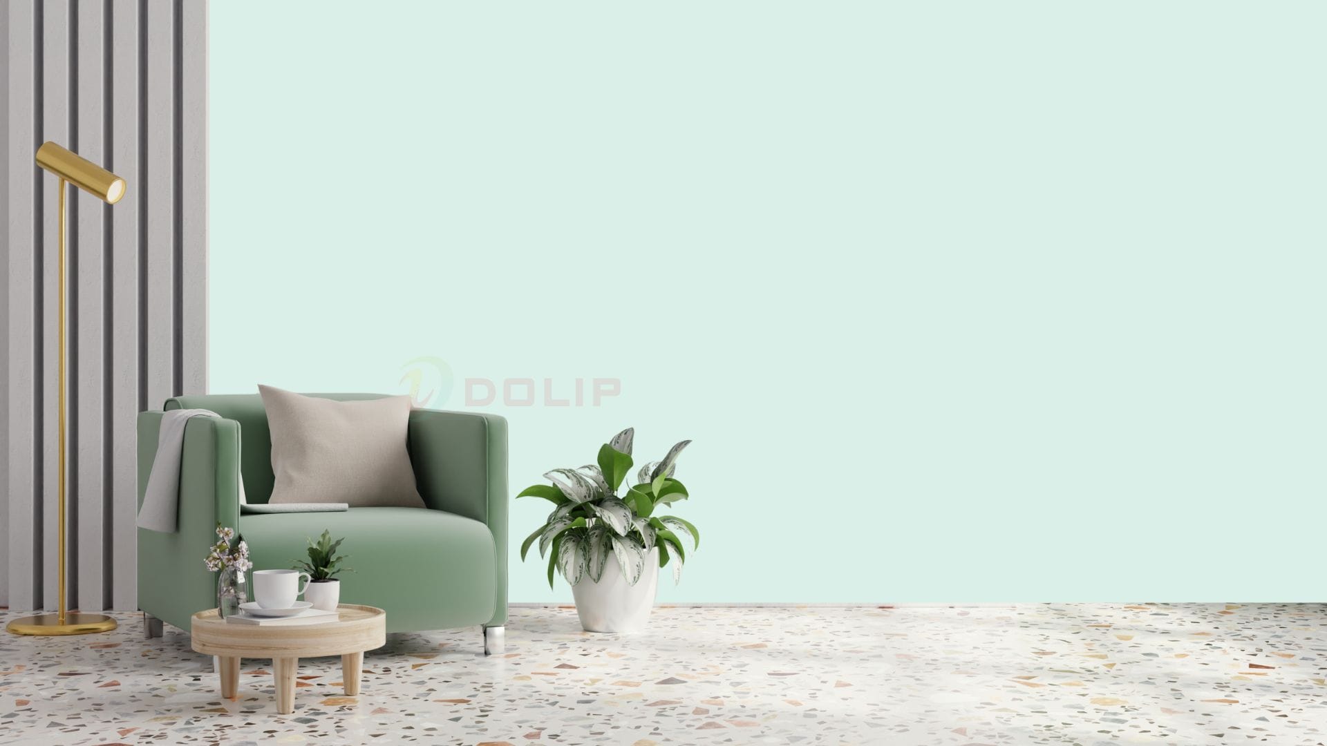 Sơn tường màu xanh pastel DL10 - 6(S) kết hợp với họa tiết terrazzo tạo sự mềm mại trẻ trung