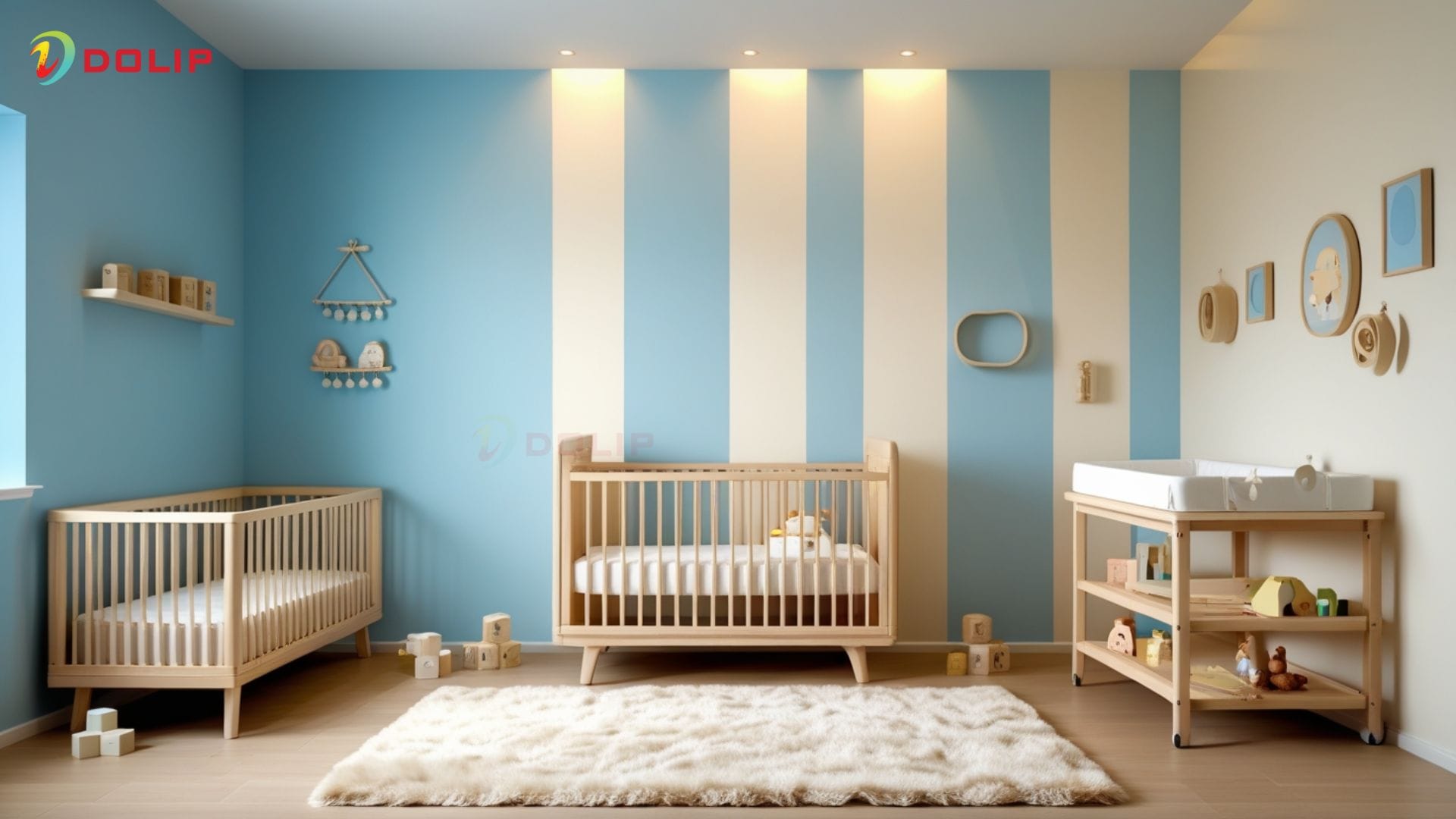 Gợi ý 10+ cách sơn tường 2 màu đẹp mắt, hiện đại, phù hợp mọi không gian 28 Phòng trẻ sơ sinh nhẹ nhàng với tường sơn 2 màu xanh pastel AP64 - 2(S) - trắng DL - 1(S)chia theo tỉ lệ đứng.