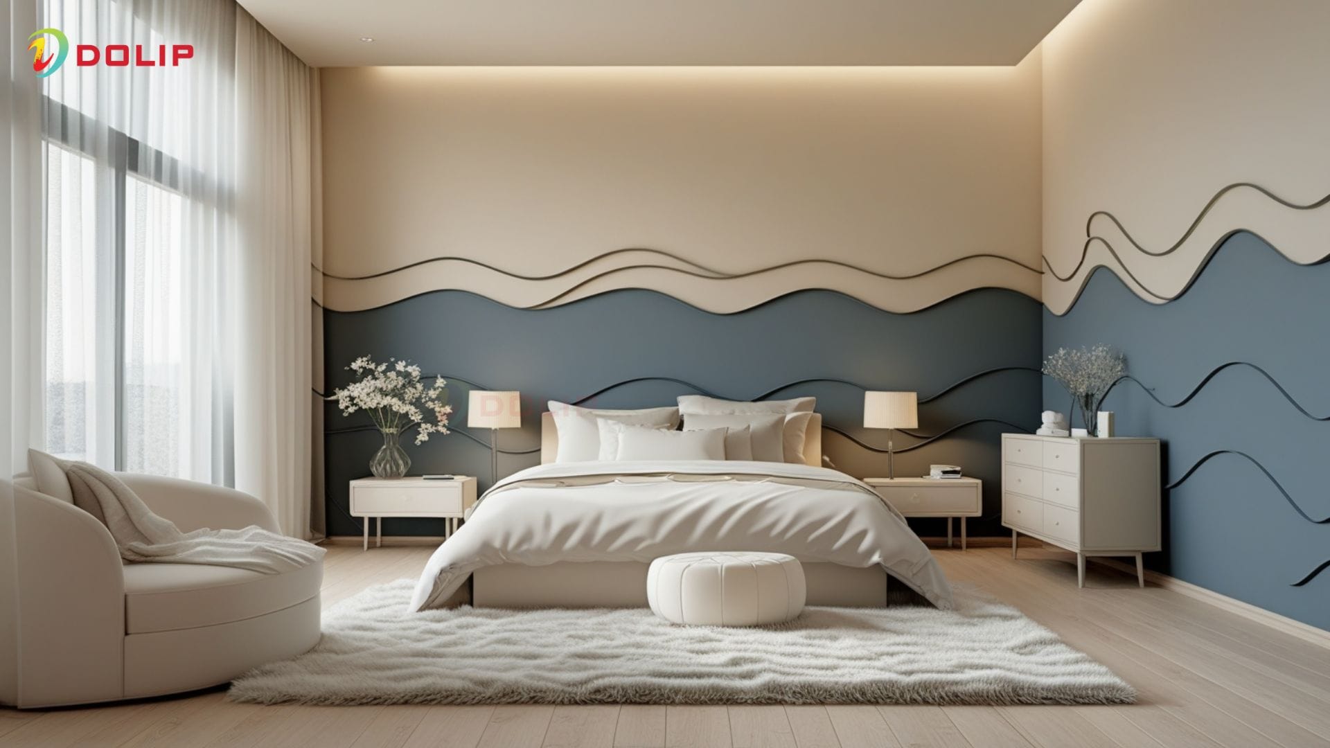 Gợi ý 10+ cách sơn tường 2 màu đẹp mắt, hiện đại, phù hợp mọi không gian 30 Phòng ngủ phong cách Bắc Âu với tường sơn be nhạt DL7 - 1(S) và than chì AP49-4(D) chia ngang sang trọng.