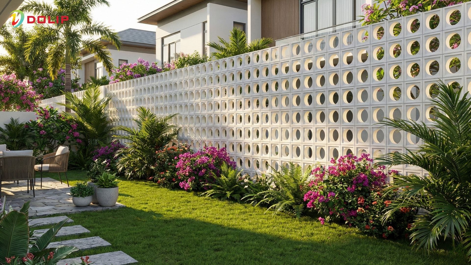 Cổng gạch bông gió trắng phù hợp với người mạng Kim