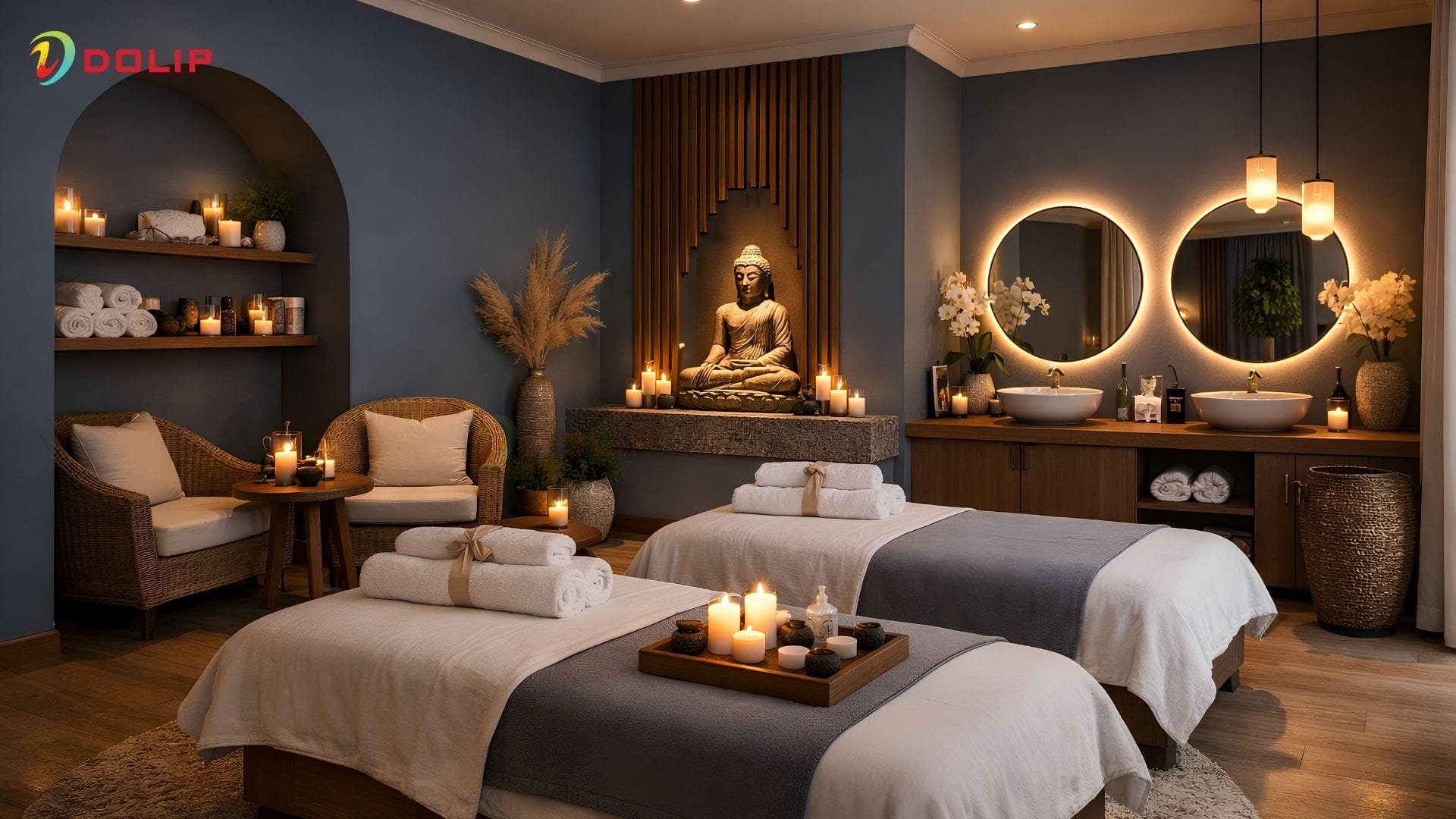 Điểm nhấn tường màu xanh navy tạo chiều sâu cho spa - AP130-4(D)