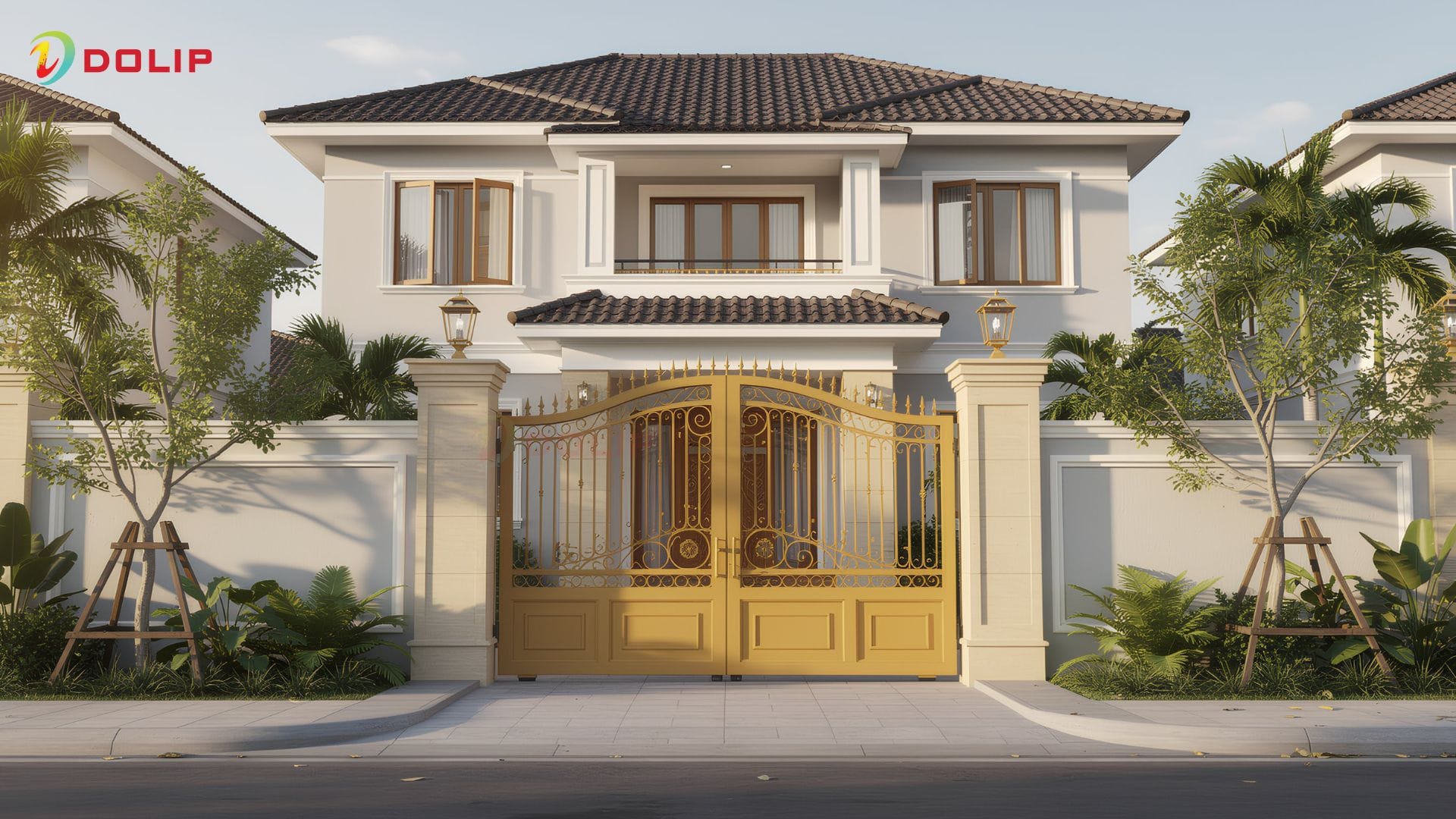 Tông vàng đất giúp cổng nhà nổi bật, thu hút vận may và thể hiện gu thẩm mỹ cổ điển